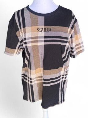 GUESS Plaid Logo Men's T-Shirt M Brown Black White Short Sleeve Embroidered